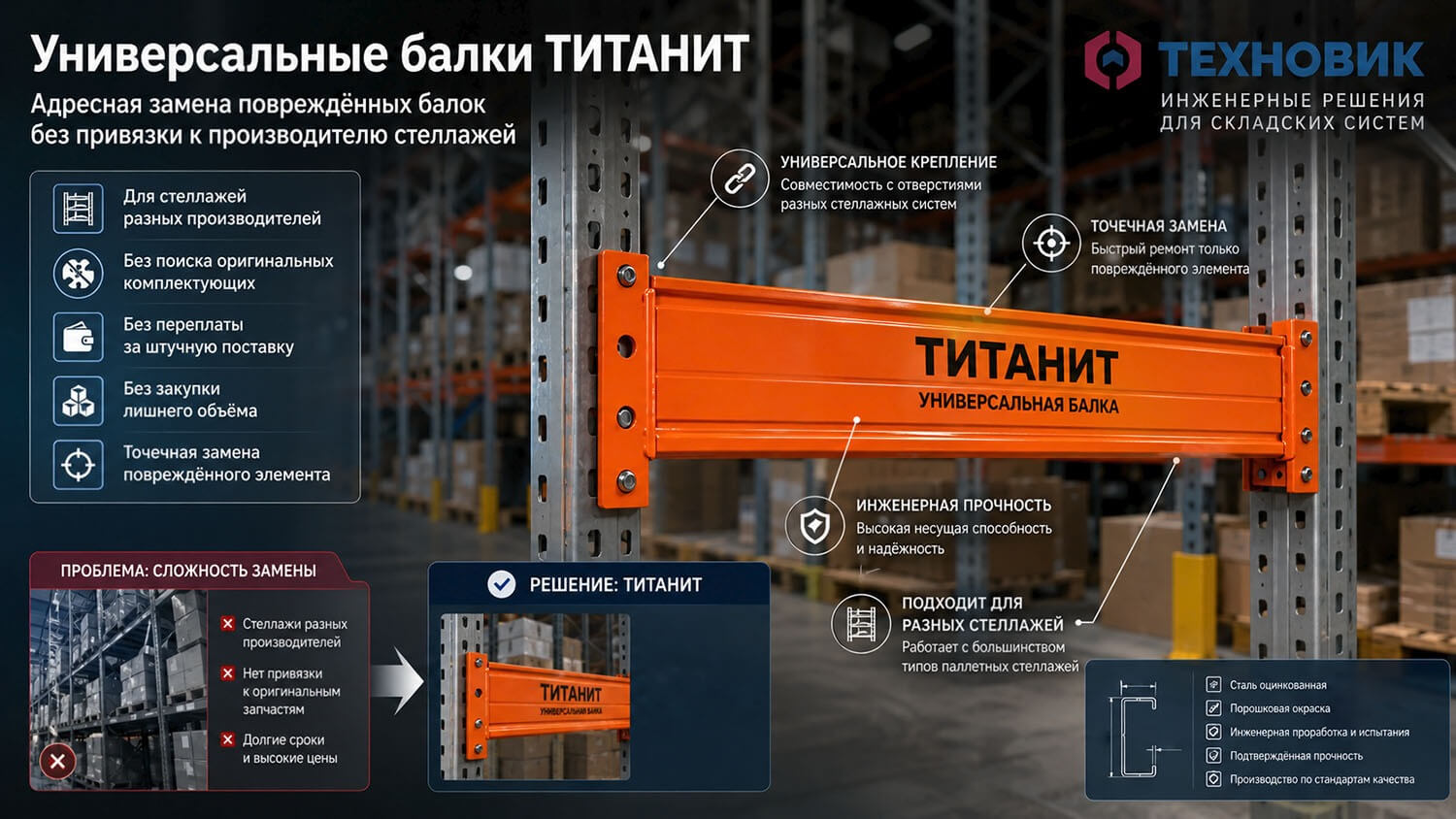 ТИТАНИТ для замены поврежденных балок складских стеллажей разных производителей.